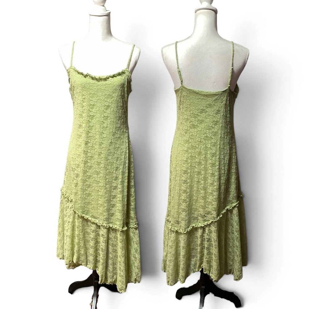 Y2K Lime Green Floral Lace Asymmetrical Maxi Slip Dress Large Ruffle Fairy